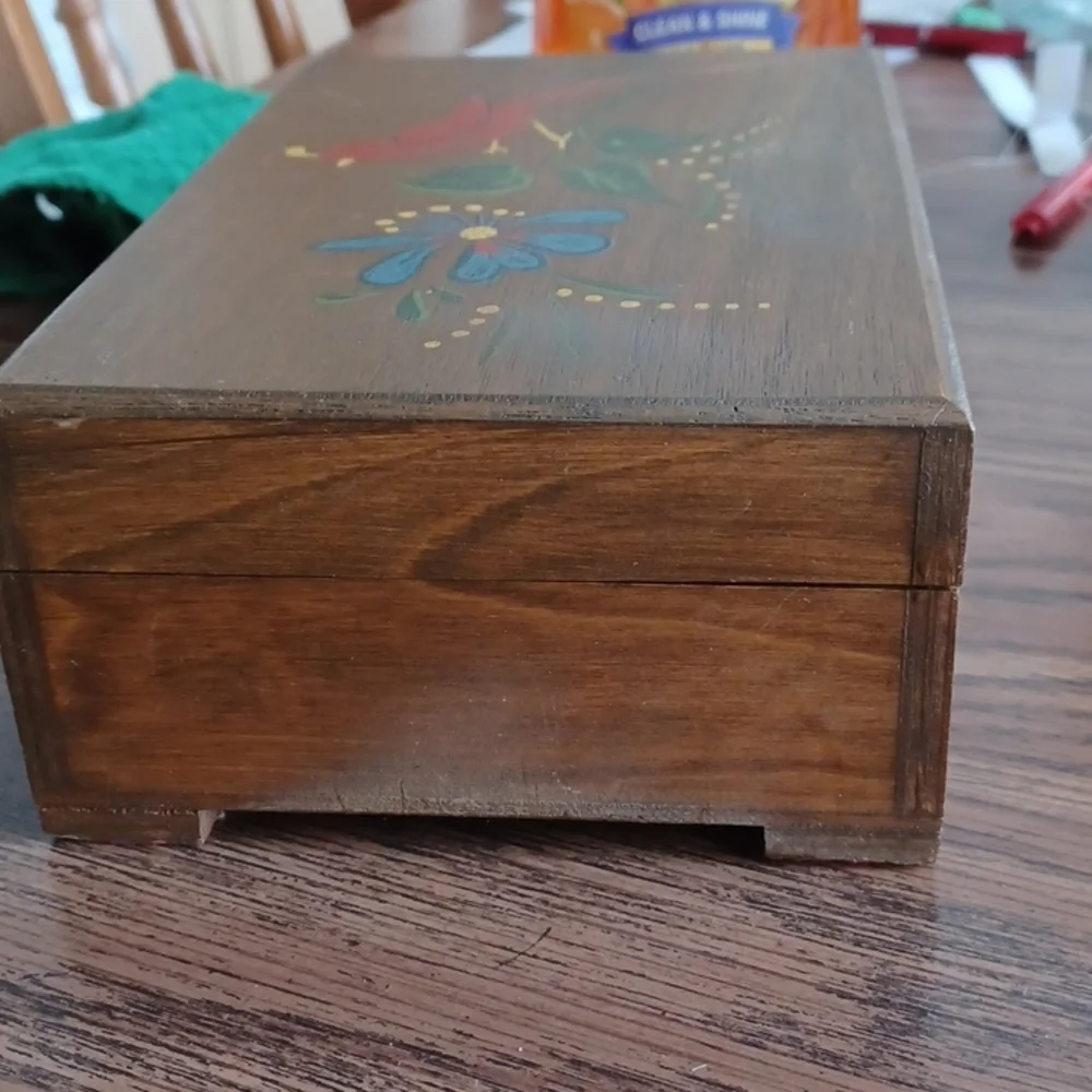 Vintage Painted Wood Bird & Flower Jewelry Box